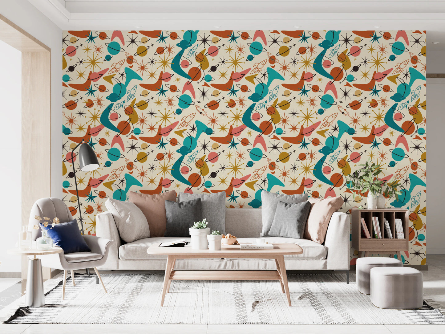 Whimsical Retro Space Age Pattern for Kids Wallpaper⁠