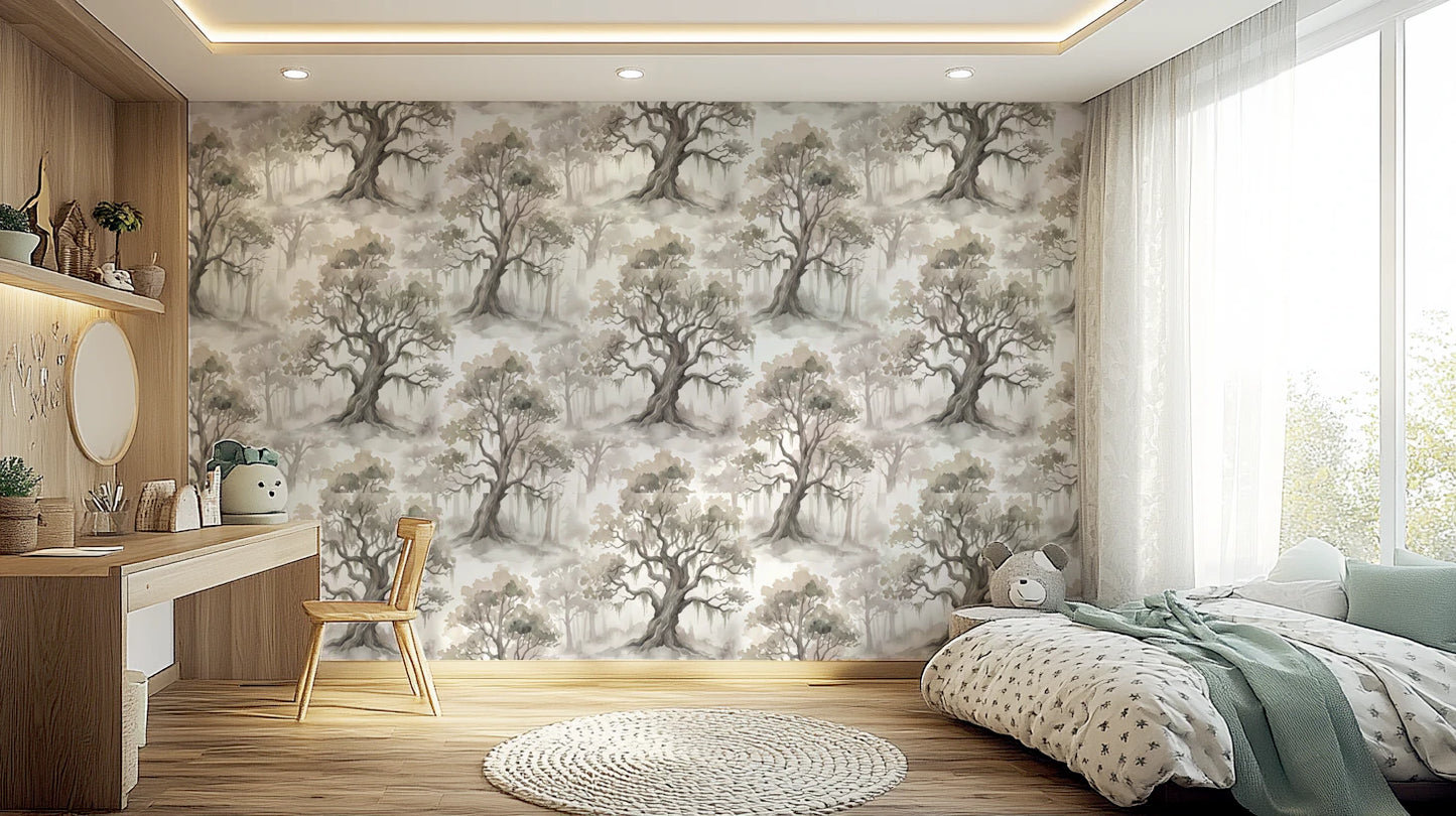 Misty Forest Watercolor Tree Mural Wallpaper⁠