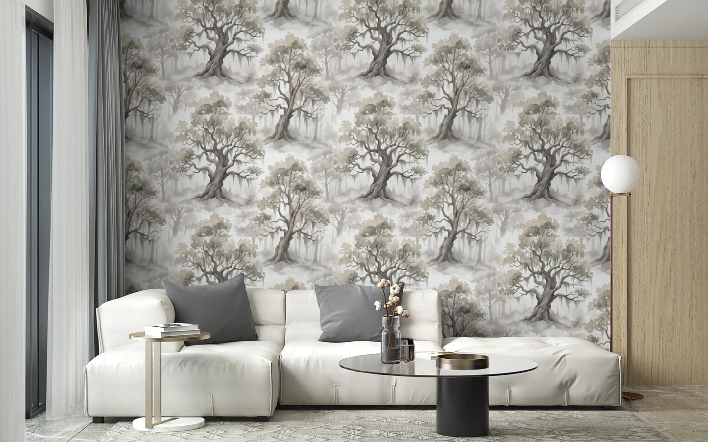 Misty Forest Watercolor Tree Mural Wallpaper⁠