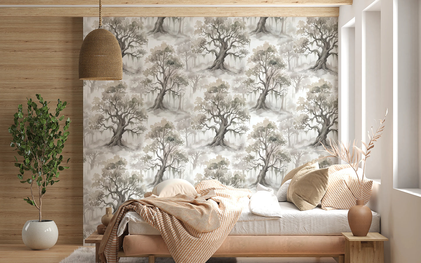 Misty Forest Watercolor Tree Mural Wallpaper⁠