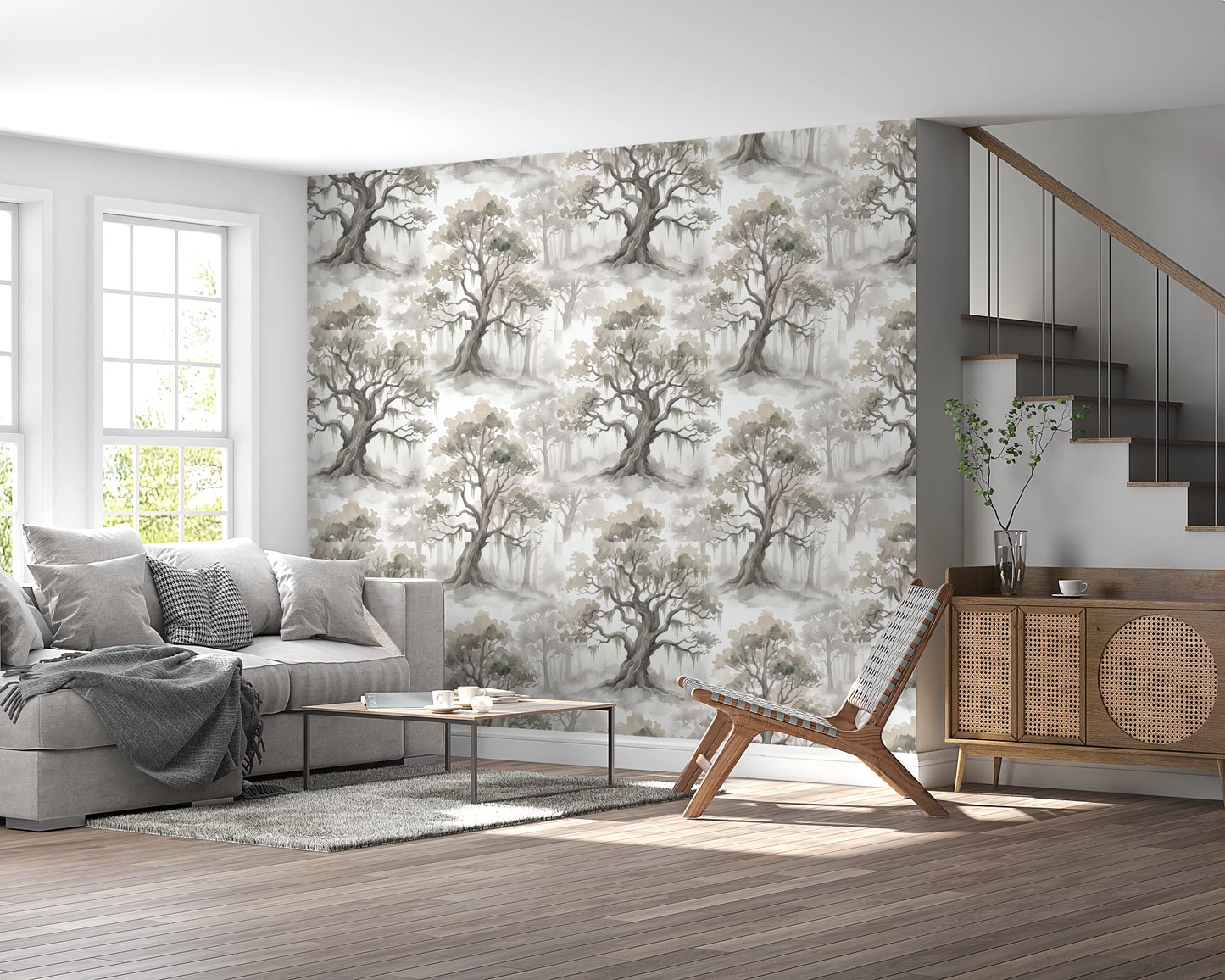 Misty Forest Watercolor Tree Mural Wallpaper⁠