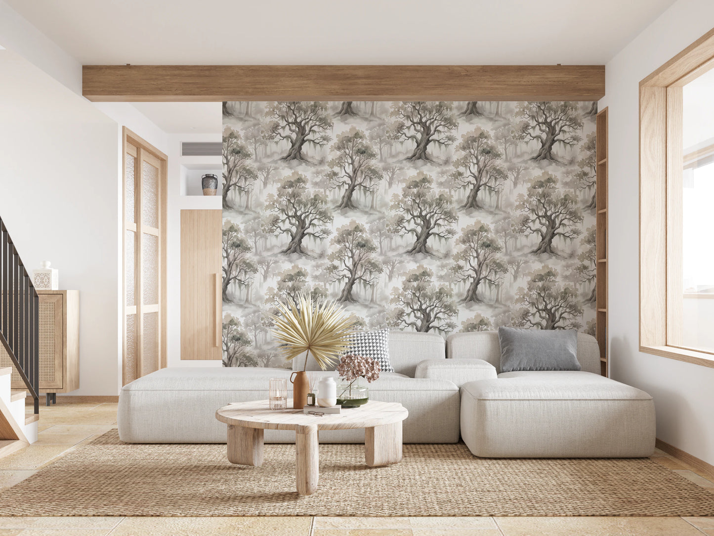 Misty Forest Watercolor Tree Mural Wallpaper⁠