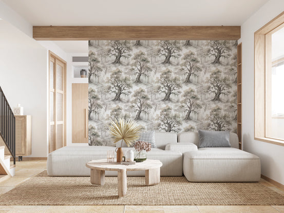 Misty Forest Watercolor Tree Mural Wallpaper⁠