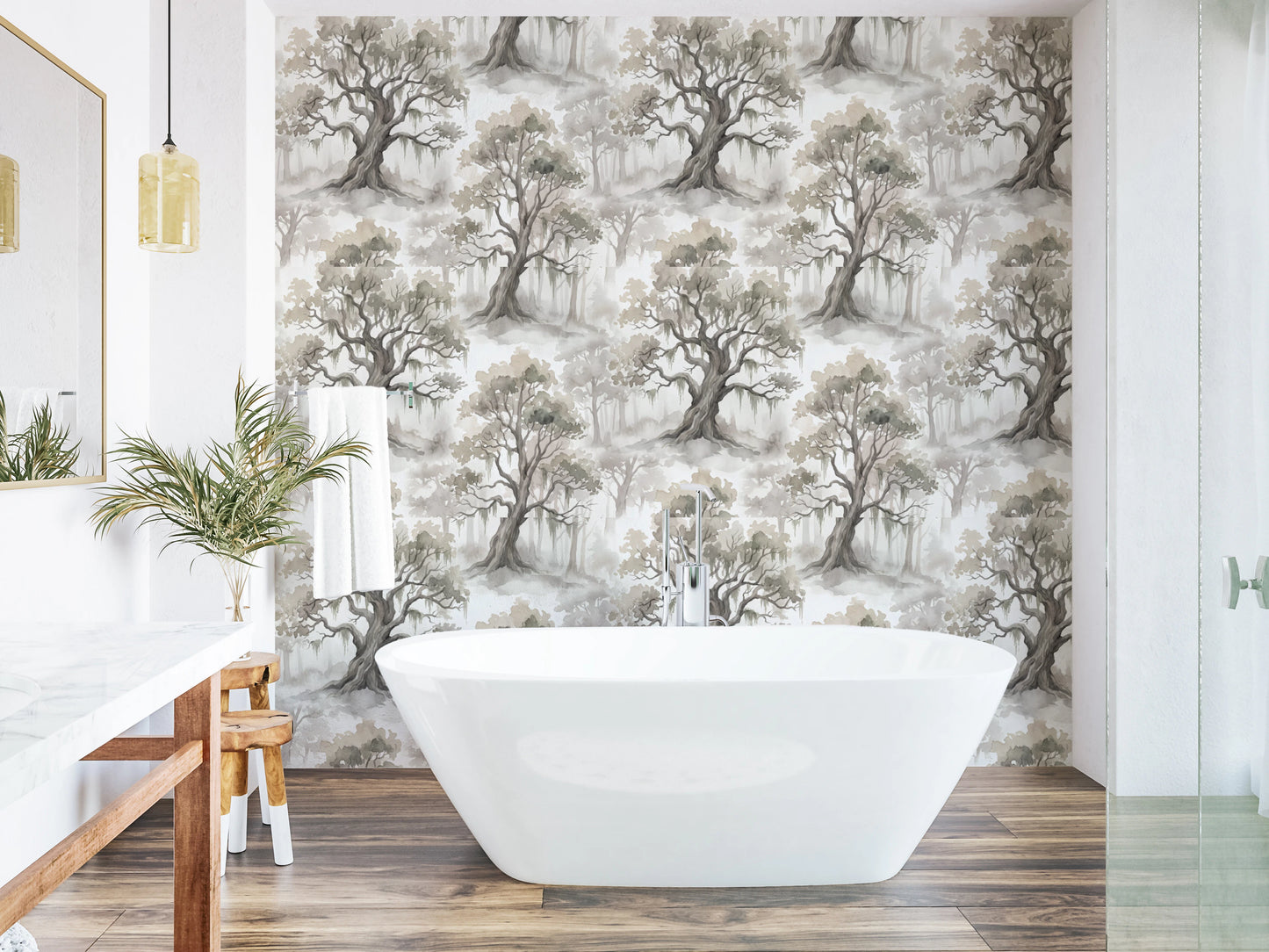 Misty Forest Watercolor Tree Mural Wallpaper⁠
