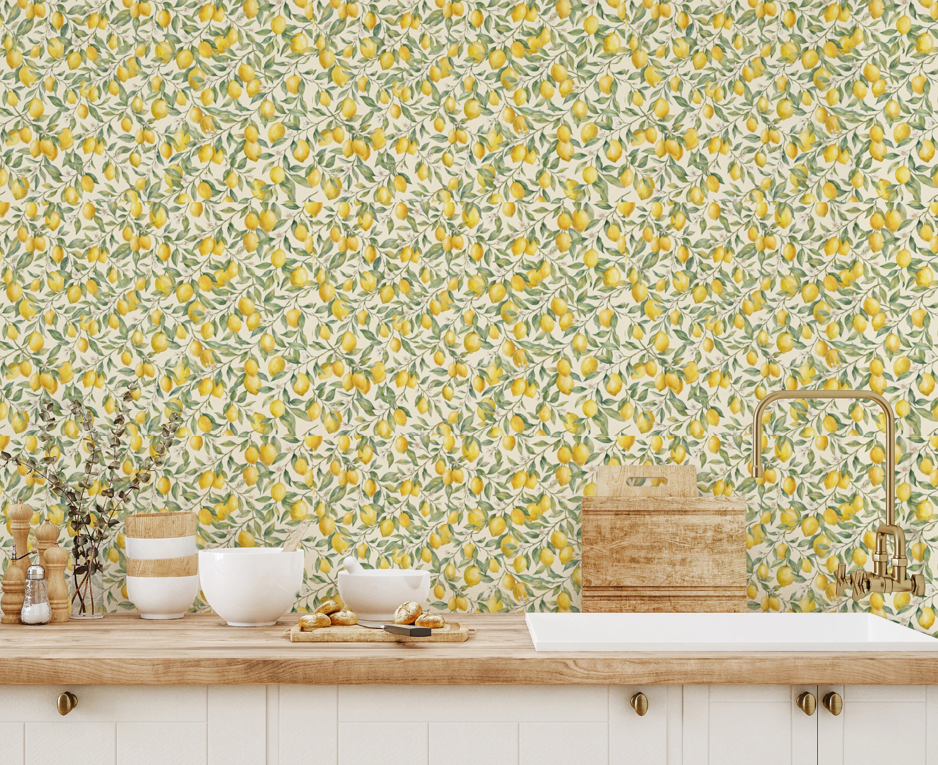 Lemon Botanical Wallpaper - Yellow Lemons Green Leaves