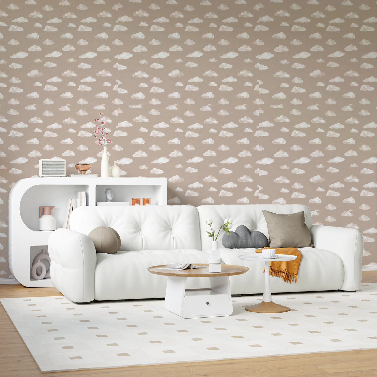Beige cloud wallpaper in a living room with scattered watercolor clouds 