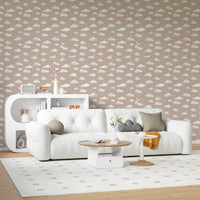 Beige cloud wallpaper in a living room with scattered watercolor clouds 