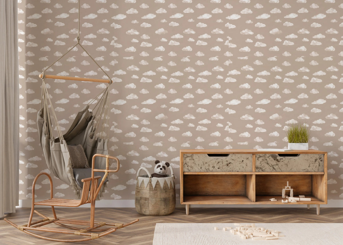 Soft neutral wallpaper with light, hazy white clouds spread across beige