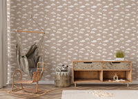 Soft neutral wallpaper with light, hazy white clouds spread across beige