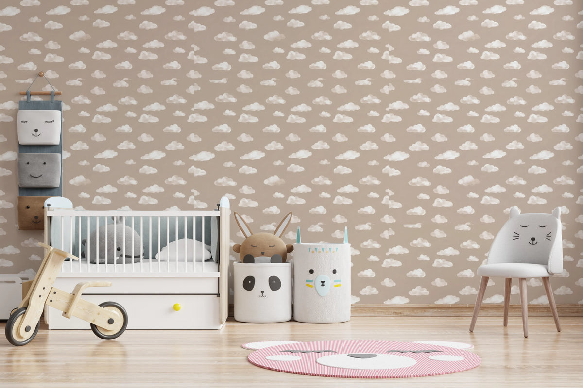 Two-tone cloud wallpaper with creamy white clouds on a muted taupe ground