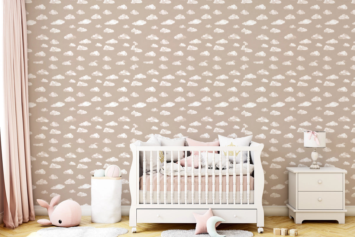 Beige wallpaper with evenly spaced white watercolor clouds and open space