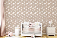 Beige wallpaper with evenly spaced white watercolor clouds and open space