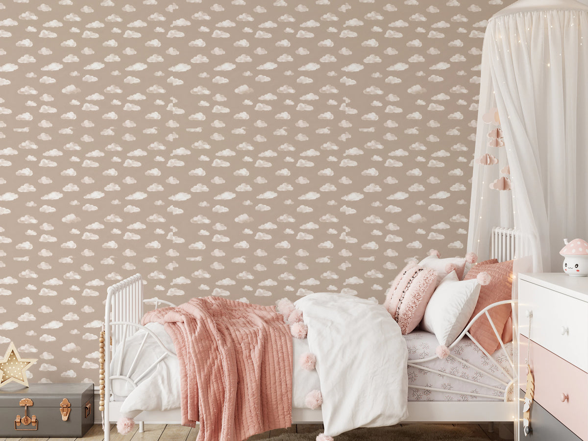 Neutral cloud wallpaper with fluffy white clouds scattered on taupe in bedroom