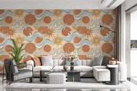 Celestial Sun and Swirling Sea Boho Wallpaper Wallpaper⁠