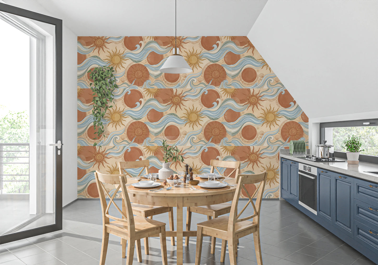 Celestial Sun and Swirling Sea Boho Wallpaper Wallpaper⁠
