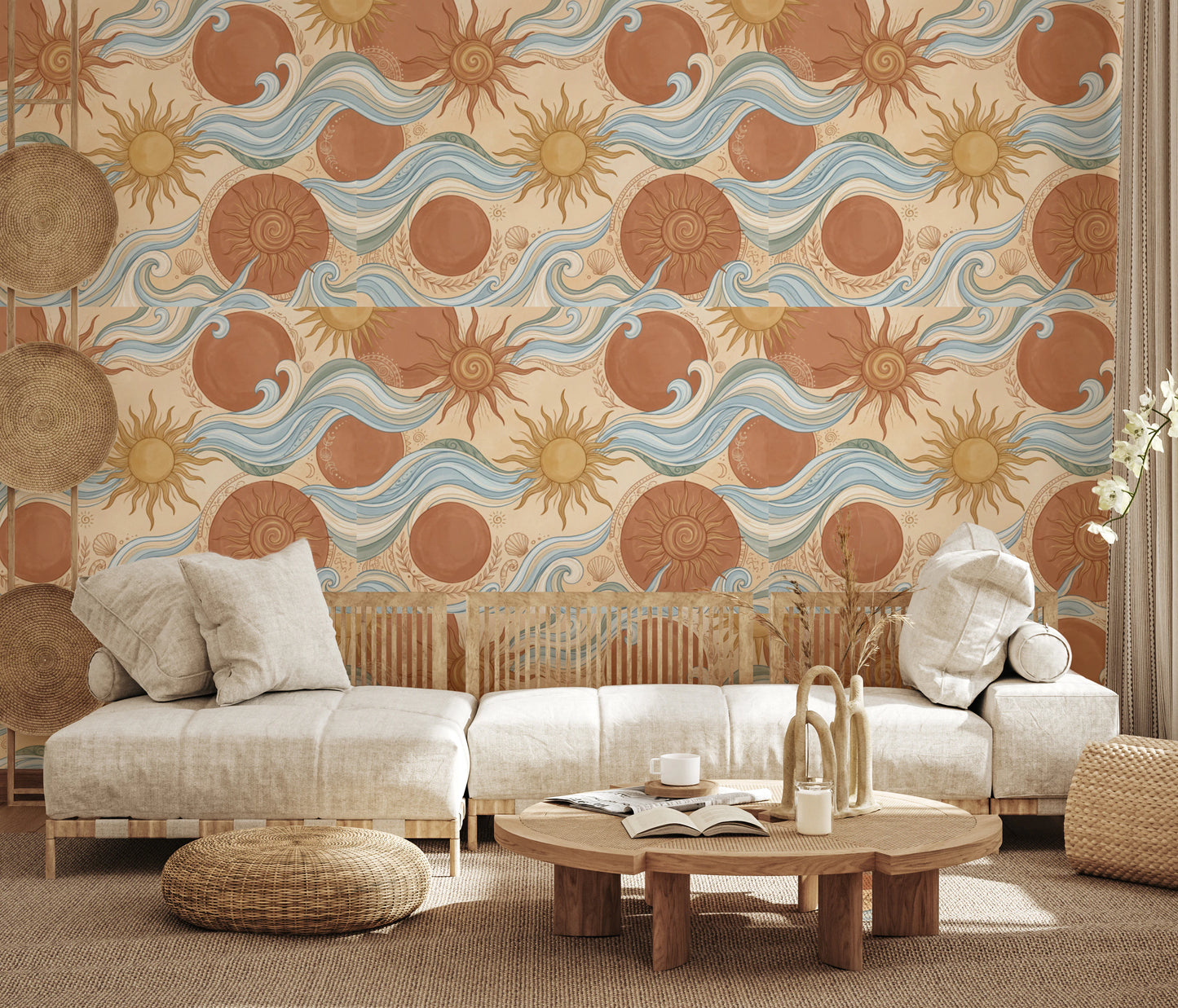 Celestial Sun and Swirling Sea Boho Wallpaper Wallpaper⁠