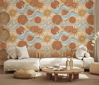 Celestial Sun and Swirling Sea Boho Wallpaper Wallpaper⁠