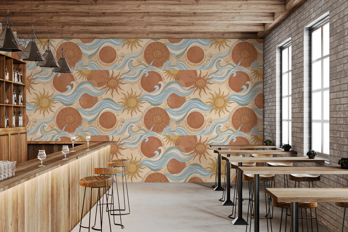 Celestial Sun and Swirling Sea Boho Wallpaper Wallpaper⁠