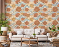 Celestial Sun and Swirling Sea Boho Wallpaper Wallpaper⁠