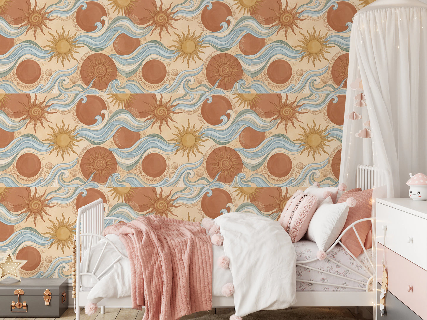Celestial Sun and Swirling Sea Boho Wallpaper Wallpaper⁠