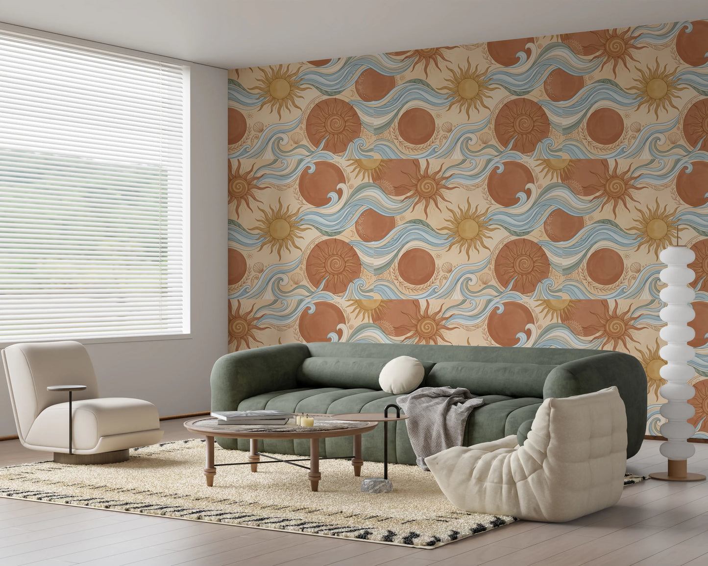 Celestial Sun and Swirling Sea Boho Wallpaper Wallpaper⁠