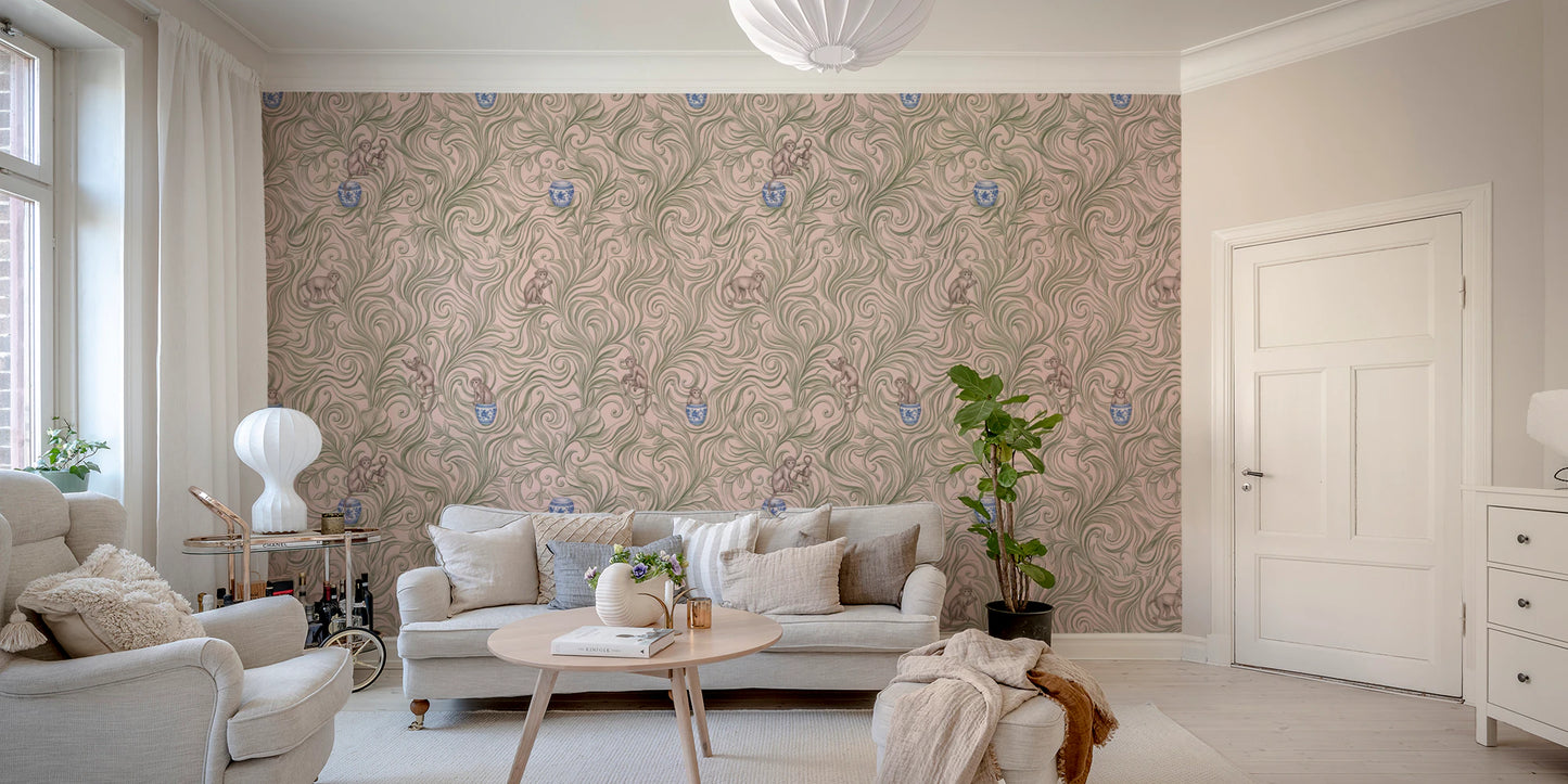 Whimsical Jungle Monkeys in Porcelain Garden Wallpaper⁠