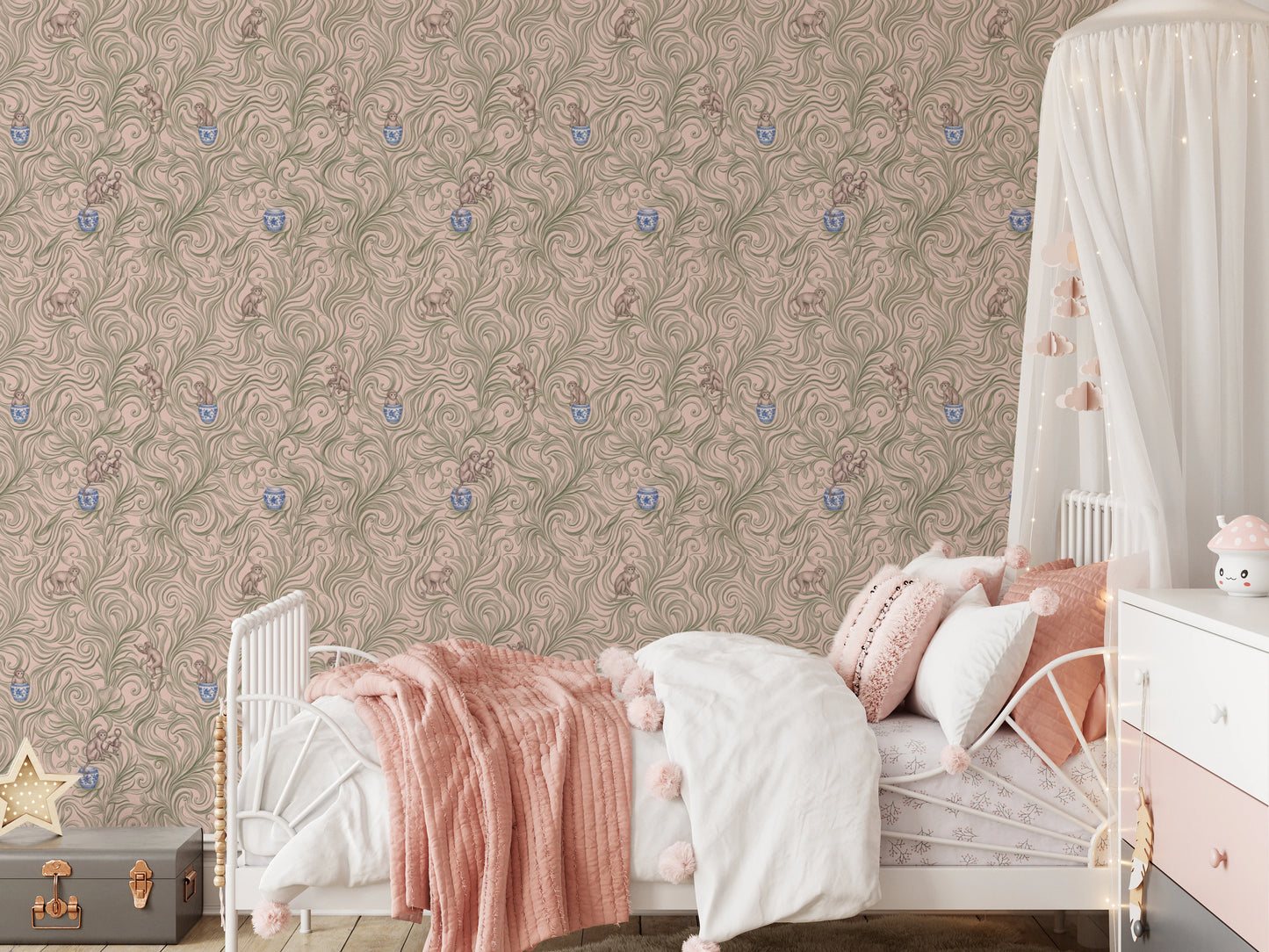 Whimsical Jungle Monkeys in Porcelain Garden Wallpaper⁠