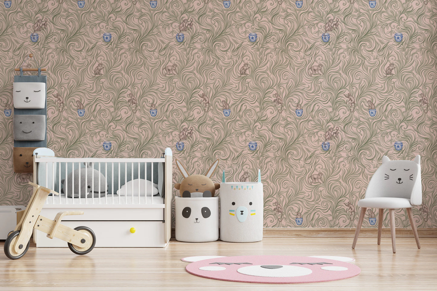 Whimsical Jungle Monkeys in Porcelain Garden Wallpaper⁠