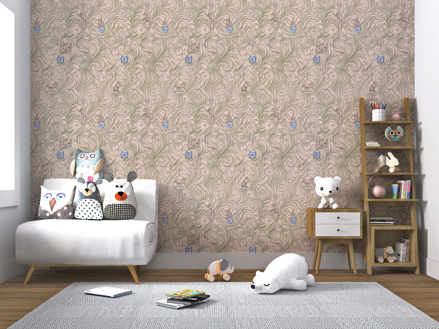 Whimsical Jungle Monkeys in Porcelain Garden Wallpaper⁠