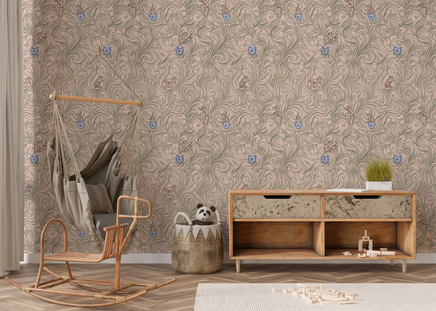 Whimsical Jungle Monkeys in Porcelain Garden Wallpaper⁠