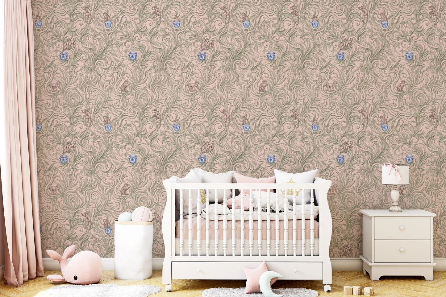 Whimsical Jungle Monkeys in Porcelain Garden Wallpaper⁠
