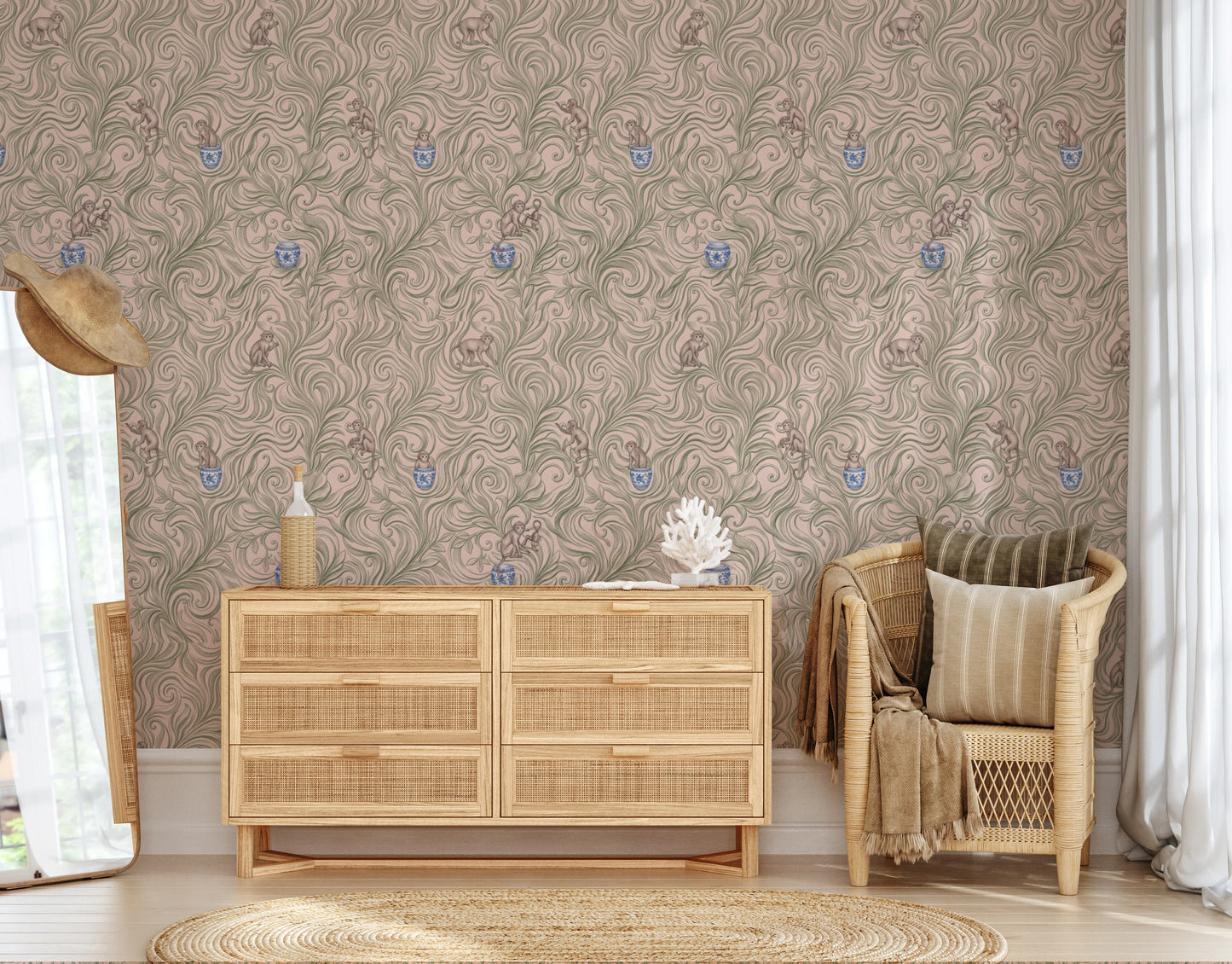 Whimsical Jungle Monkeys in Porcelain Garden Wallpaper⁠