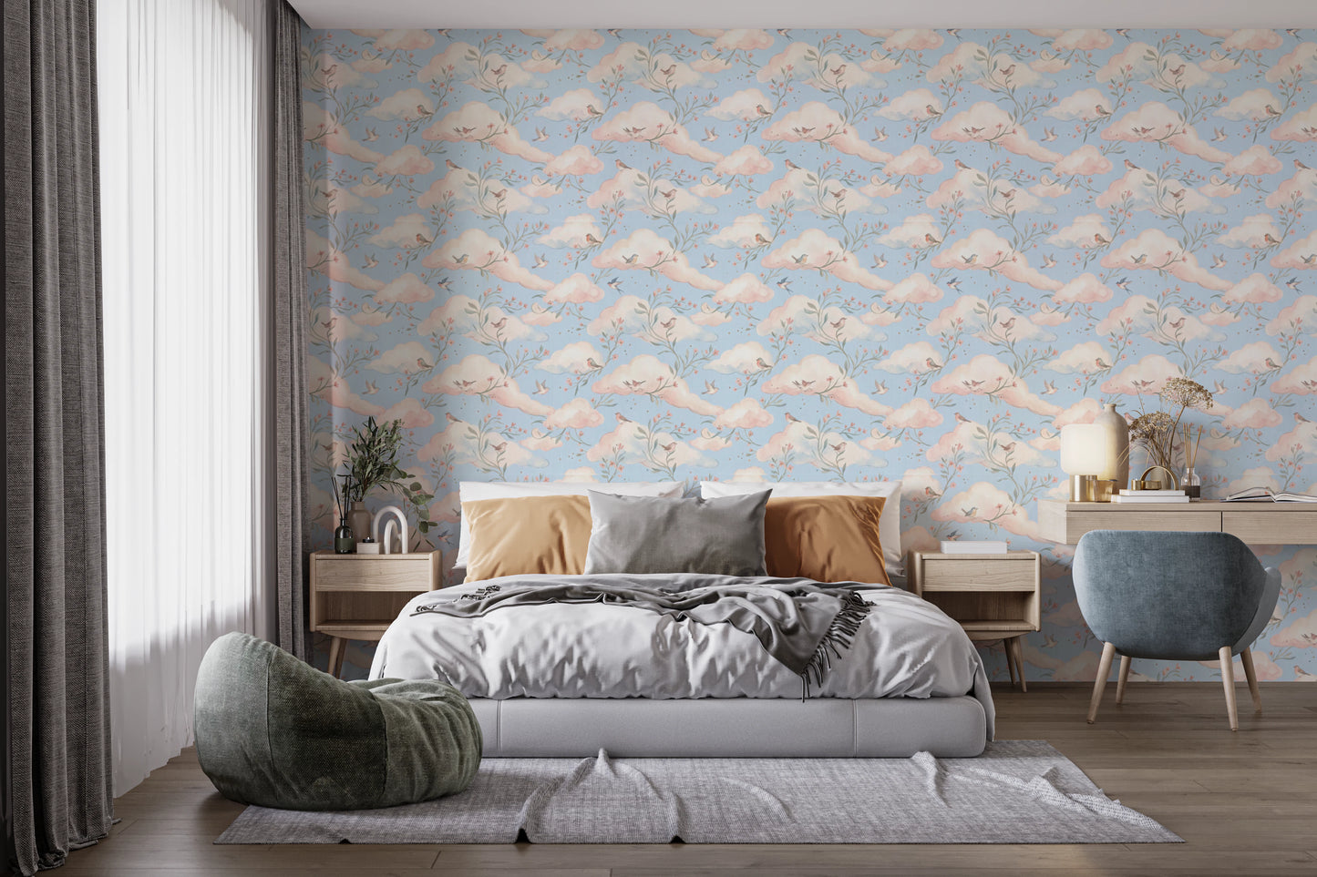 Soft Pastel Floral Bird Nursery Sky Wallpaper Wallpaper⁠