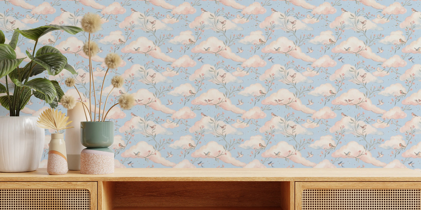 Soft Pastel Floral Bird Nursery Sky Wallpaper Wallpaper⁠