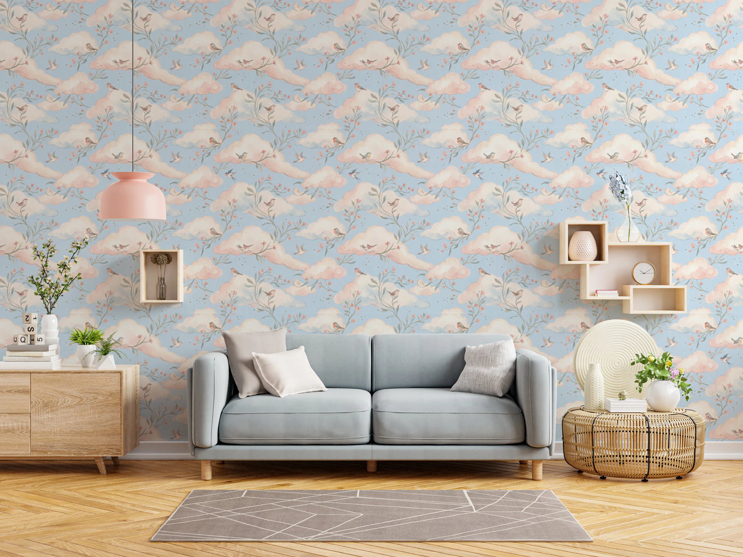 Soft Pastel Floral Bird Nursery Sky Wallpaper Wallpaper⁠