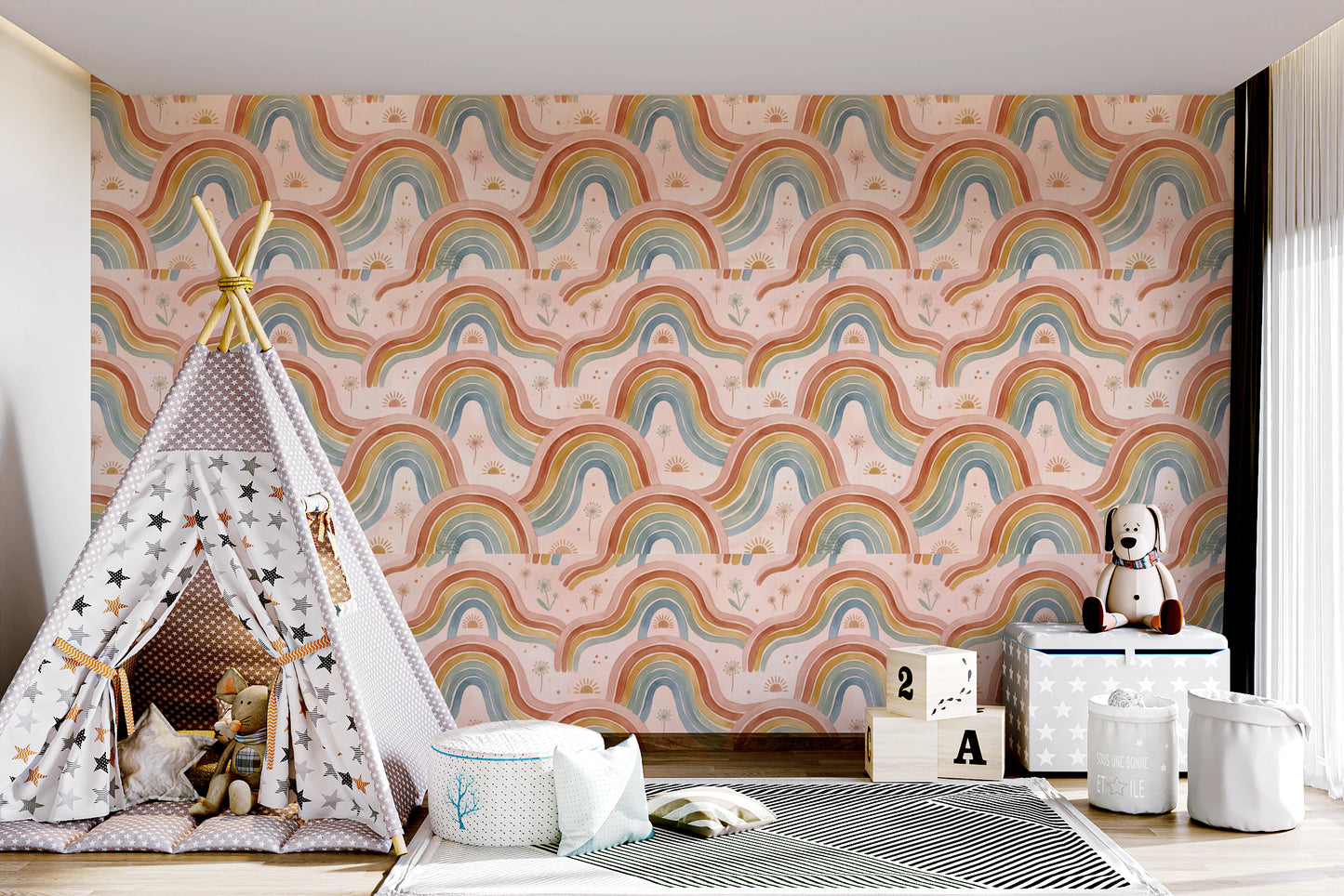 Arched Rainbows and Dandelion Garden Design Wallpaper⁠