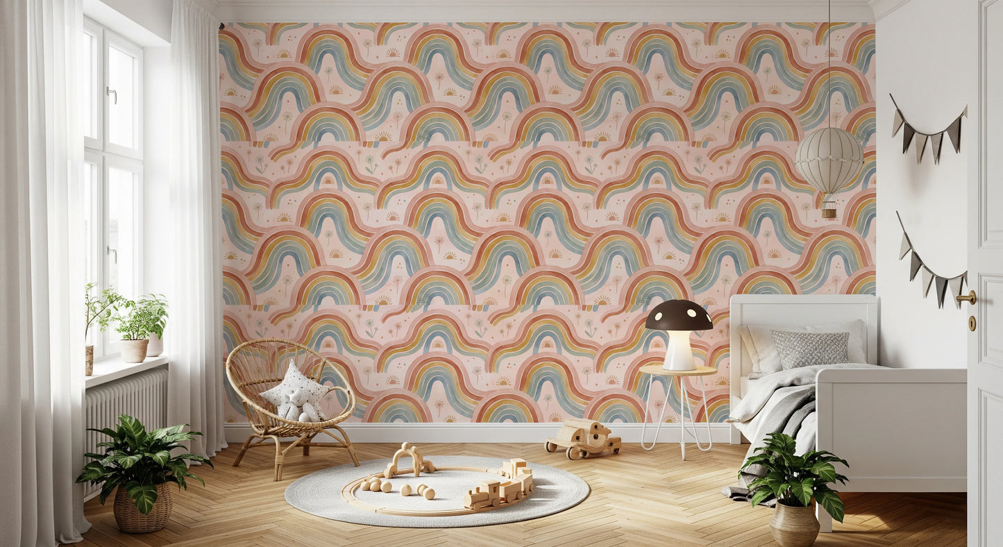 Arched Rainbows and Dandelion Garden Design Wallpaper⁠
