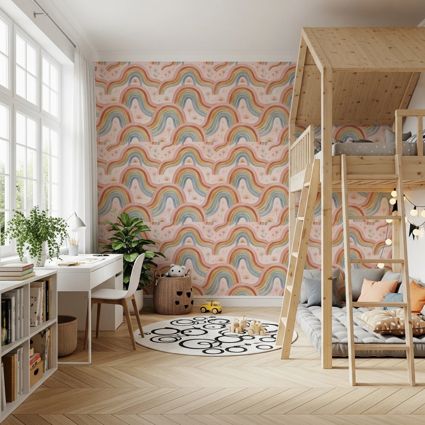 Arched Rainbows and Dandelion Garden Design Wallpaper⁠
