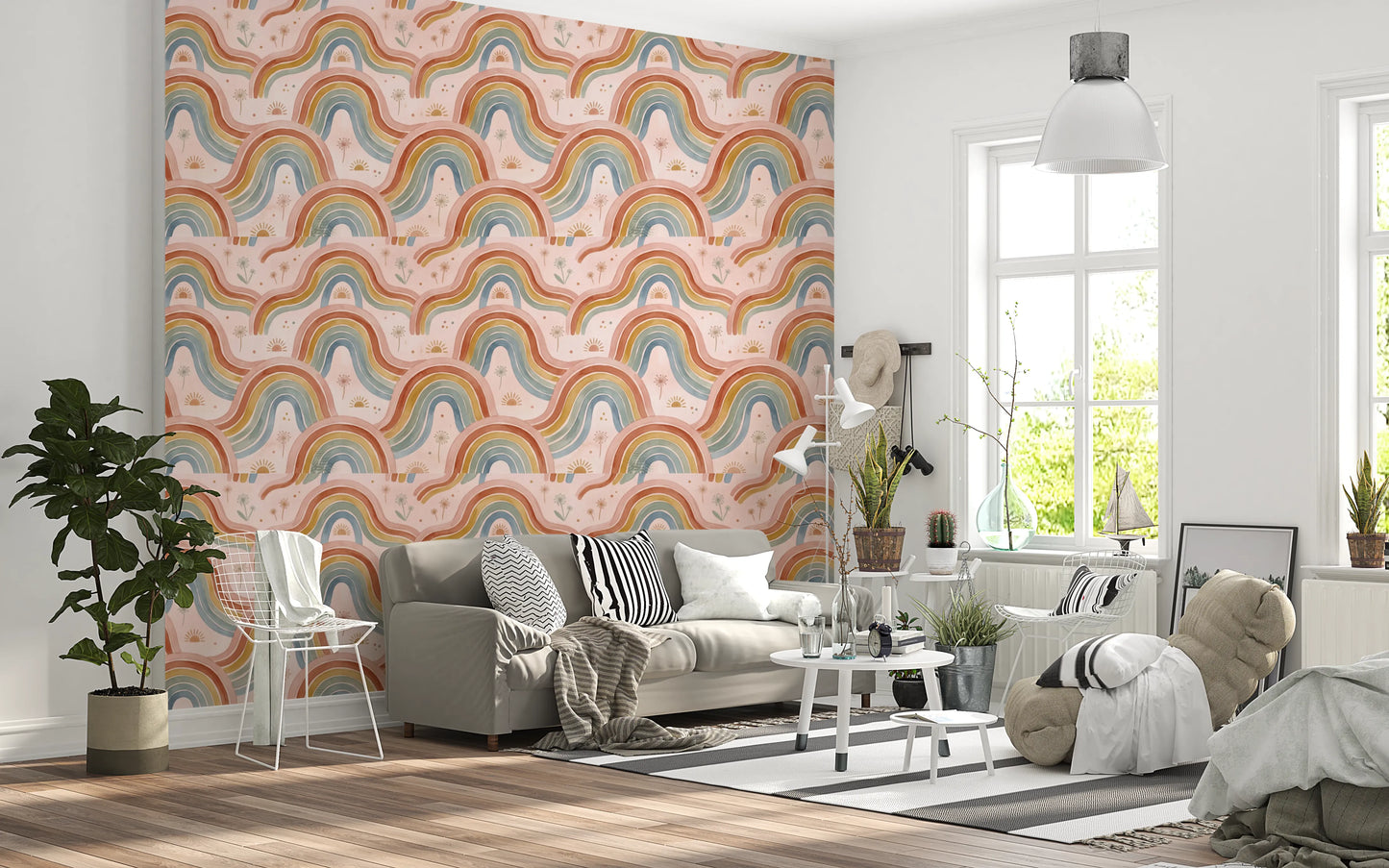 Arched Rainbows and Dandelion Garden Design Wallpaper⁠