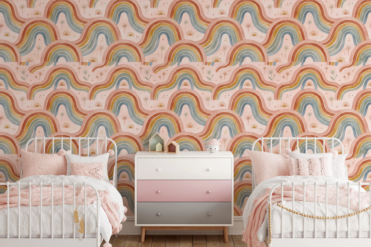Arched Rainbows and Dandelion Garden Design Wallpaper⁠