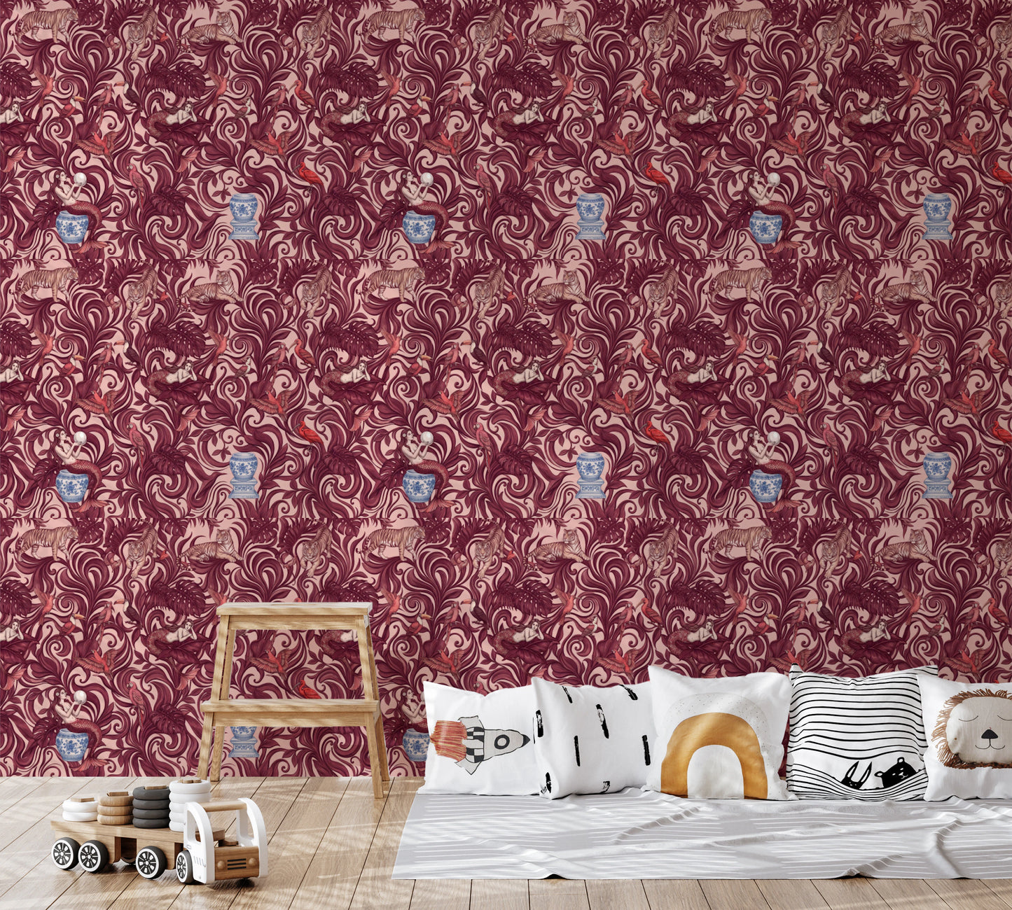 Enchanted Jungle Mermaid and Tiger Floral Tapestry Wallpaper⁠
