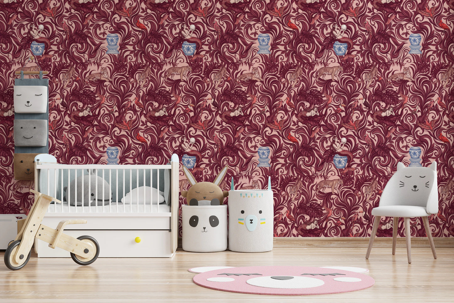 Enchanted Jungle Mermaid and Tiger Floral Tapestry Wallpaper⁠