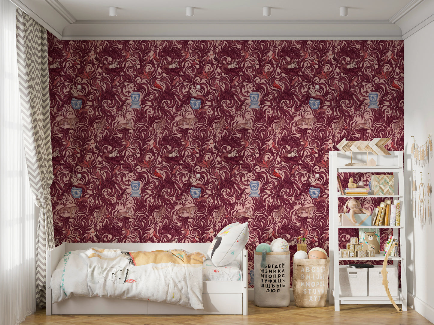 Enchanted Jungle Mermaid and Tiger Floral Tapestry Wallpaper⁠