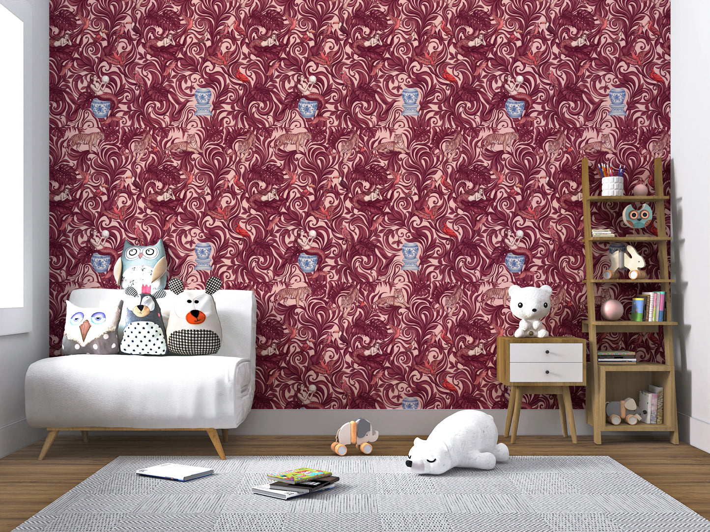 Enchanted Jungle Mermaid and Tiger Floral Tapestry Wallpaper⁠