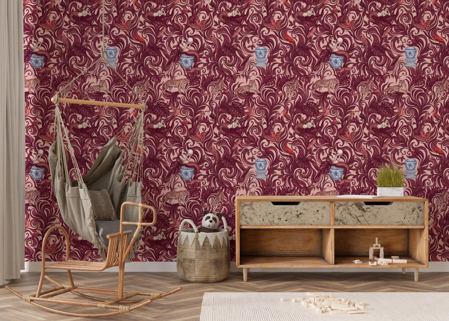 Enchanted Jungle Mermaid and Tiger Floral Tapestry Wallpaper⁠