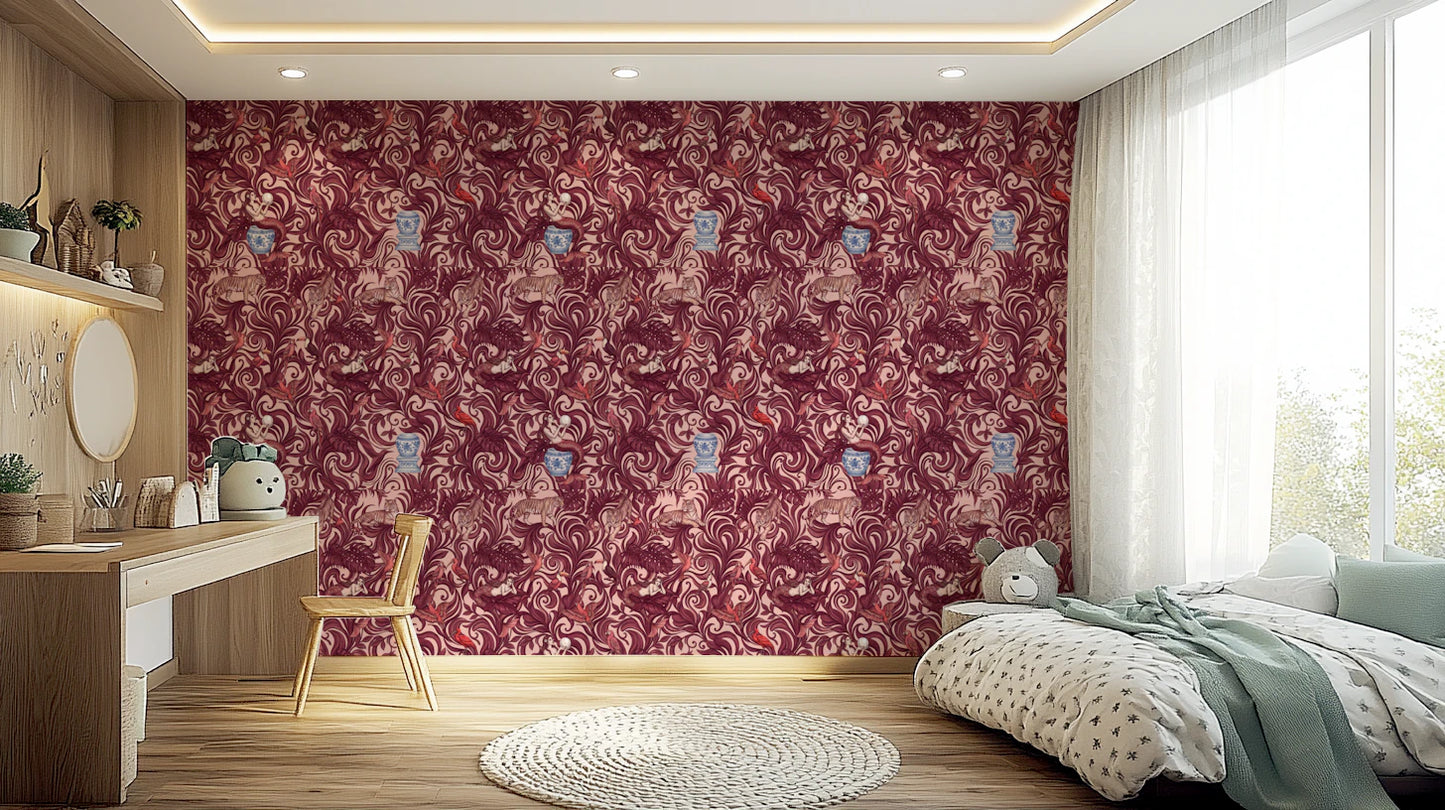 Enchanted Jungle Mermaid and Tiger Floral Tapestry Wallpaper⁠