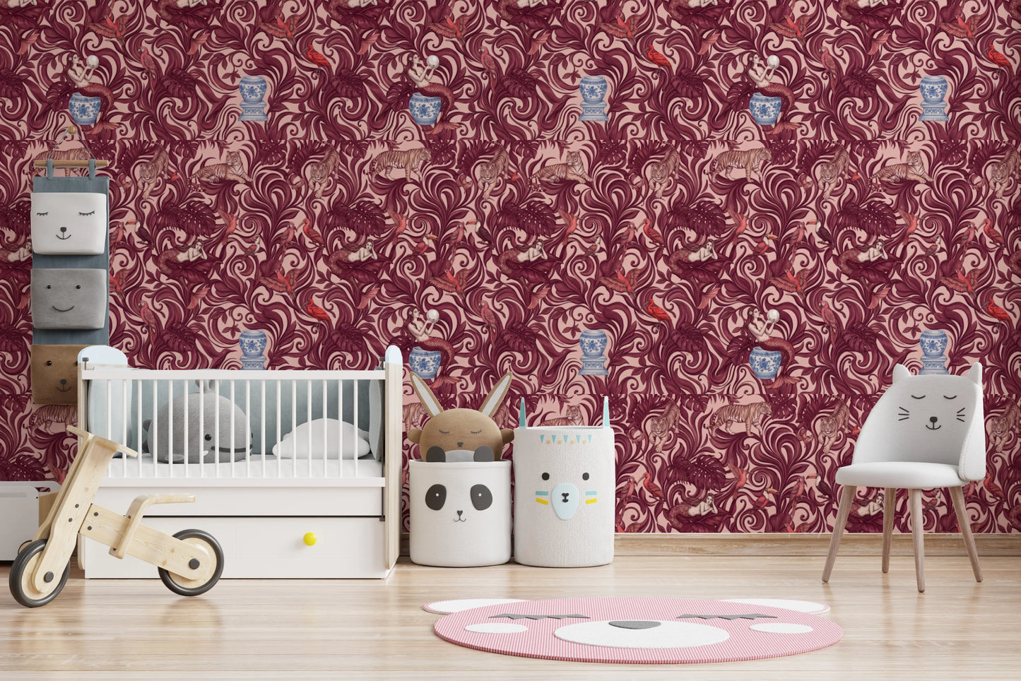 Enchanted Jungle Mermaid and Tiger Floral Tapestry Wallpaper⁠