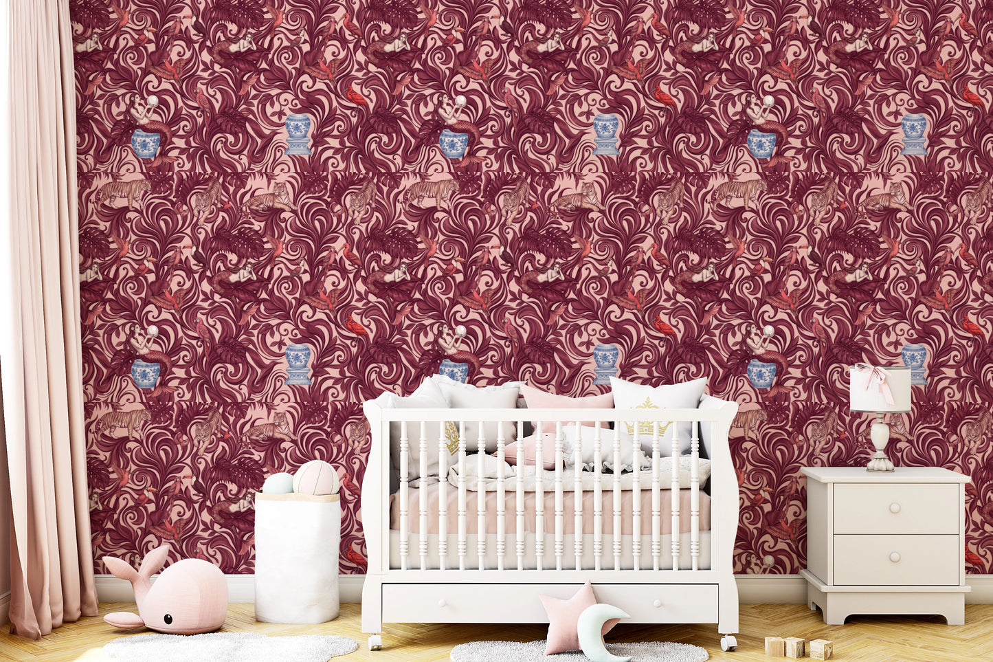 Enchanted Jungle Mermaid and Tiger Floral Tapestry Wallpaper⁠