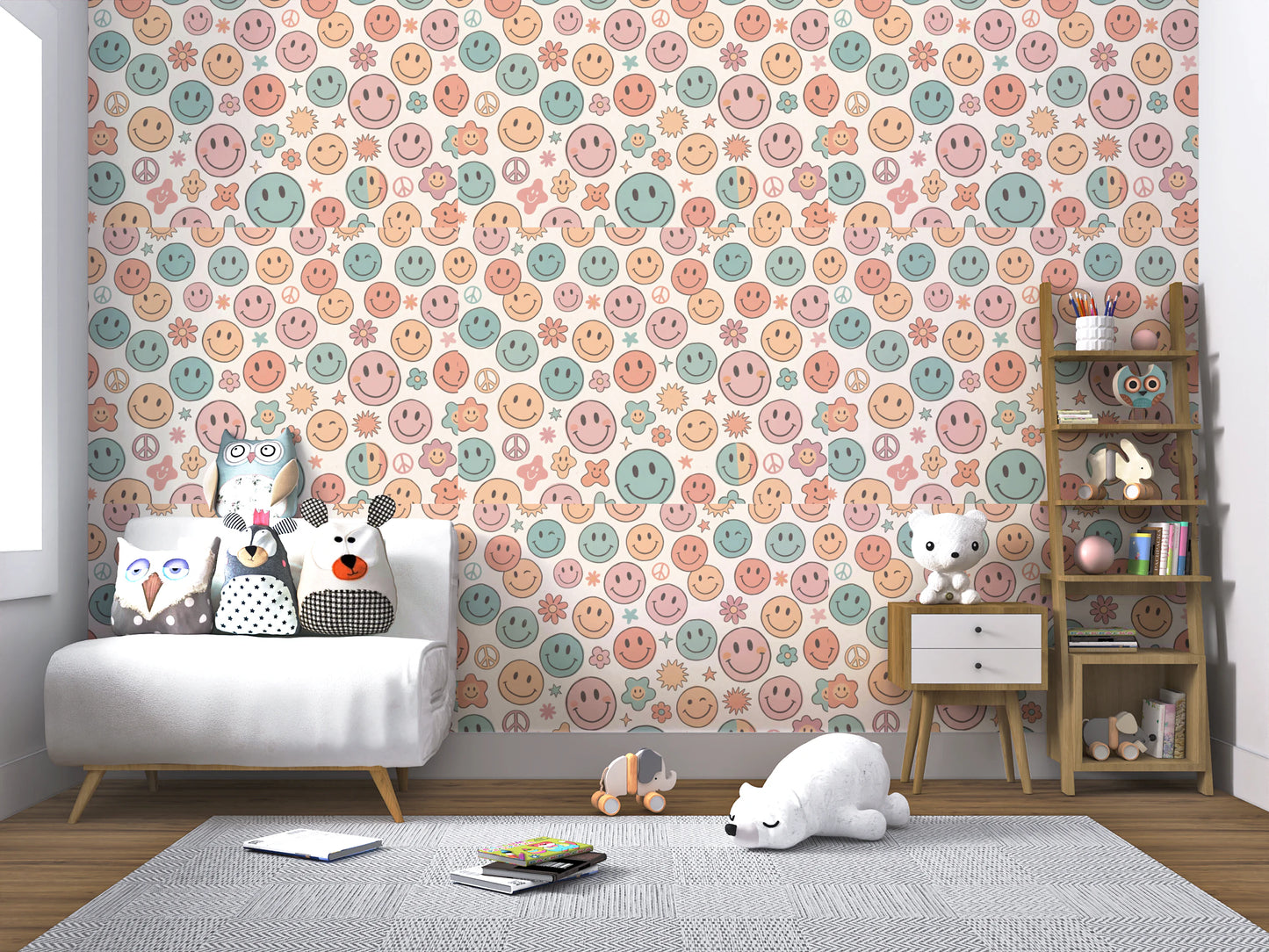 Whimsical Happy Faces and Flower Patterned Decor Wallpaper⁠