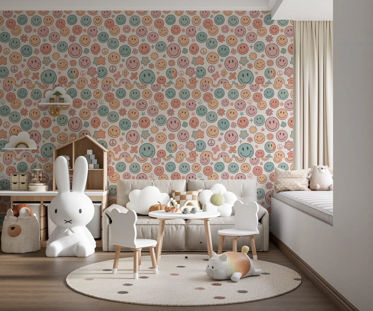 Whimsical Happy Faces and Flower Patterned Decor Wallpaper⁠